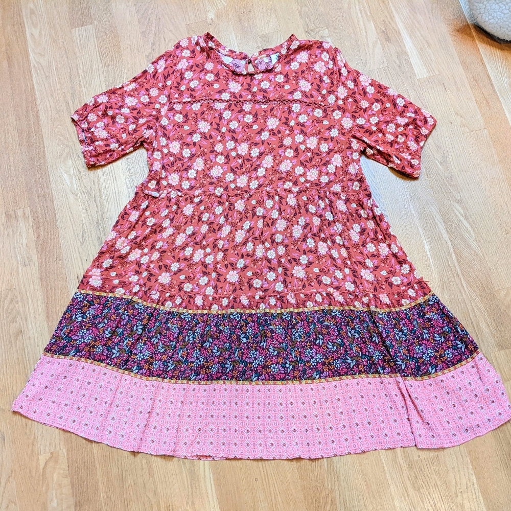 Knox Rose Floral Tiered Swing Dress XL Boho Cottage Pink Brick Rayon Babydoll